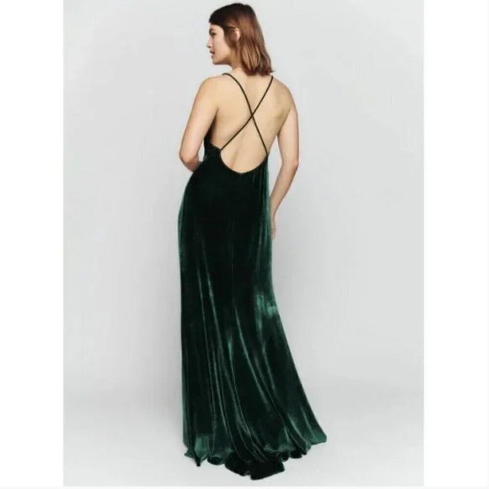 Reformation Rimini Velvet Dress Forest Dark Green Gown Maxi - Picture 2 of 10
